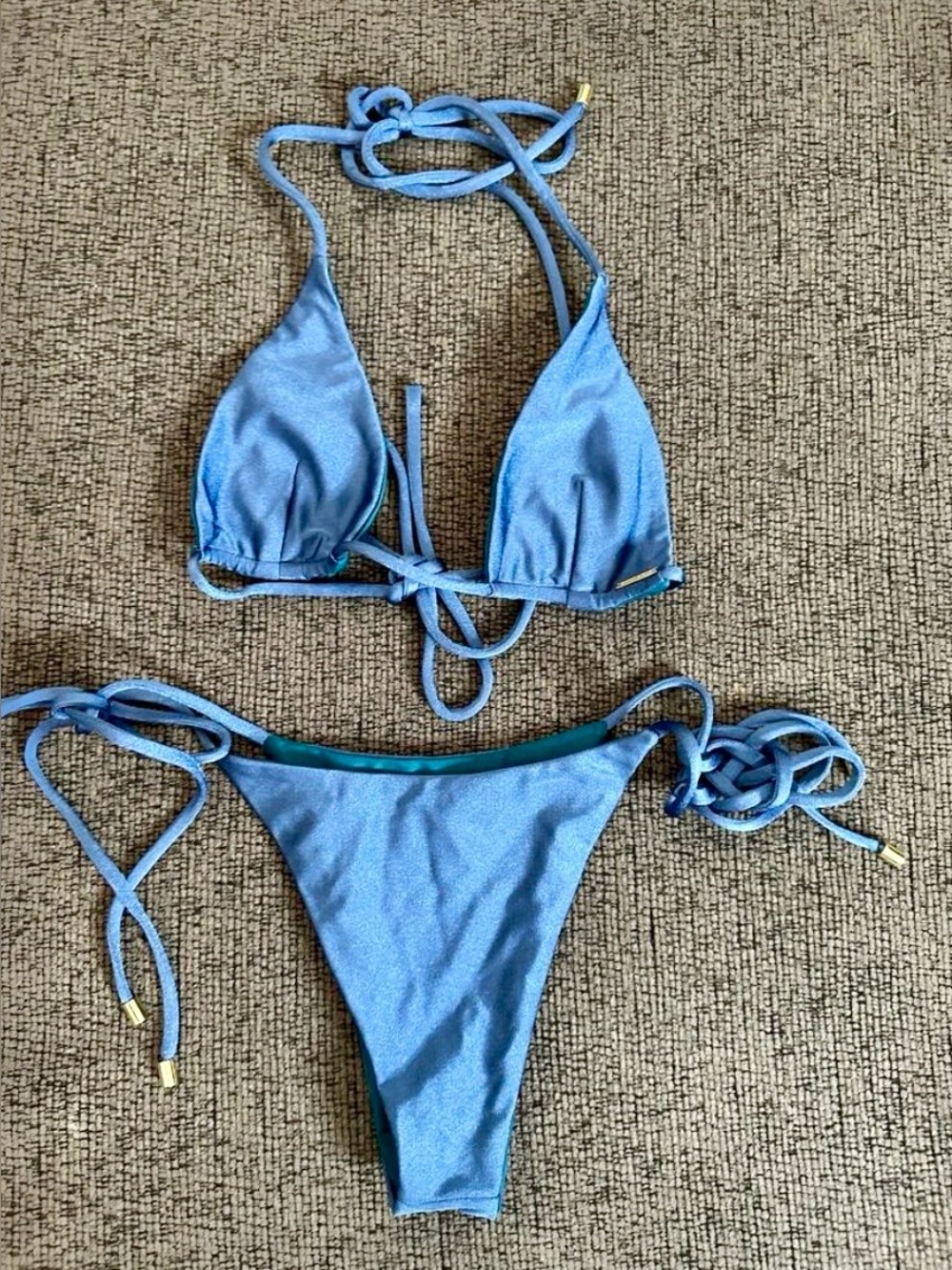 Bikini Bible Metallic Blue Triangle High Cut Bikini Set